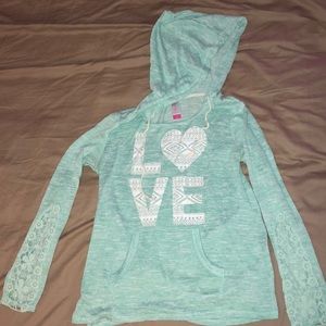 Hooded turquoise sweatshirt
